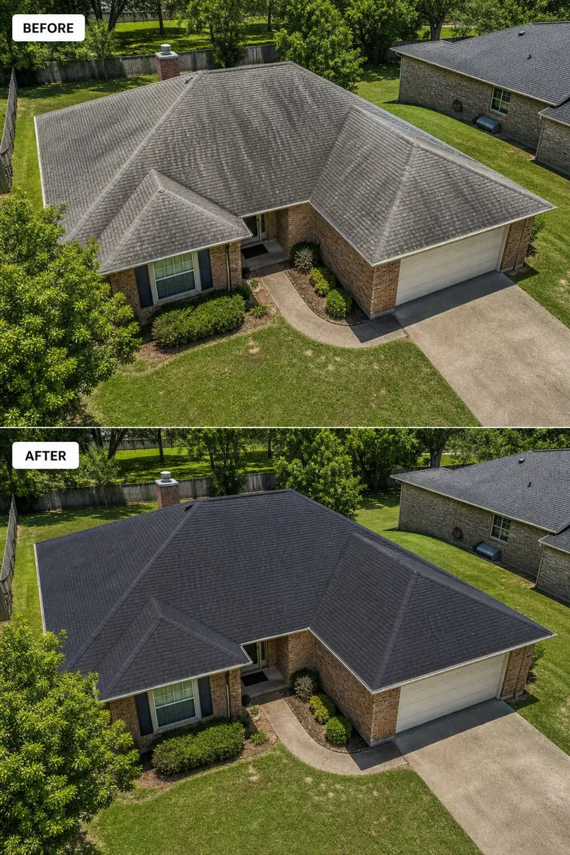 Before and after roof rejuvenation — ranch home